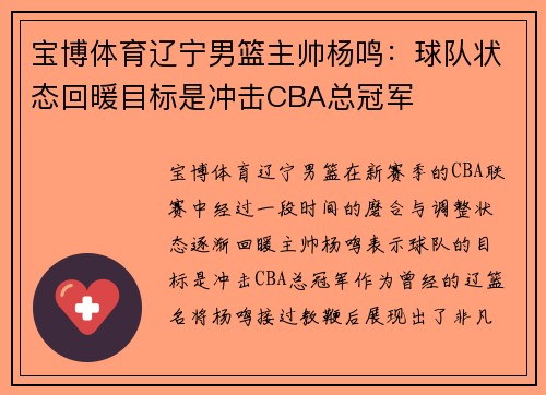 宝博体育辽宁男篮主帅杨鸣：球队状态回暖目标是冲击CBA总冠军