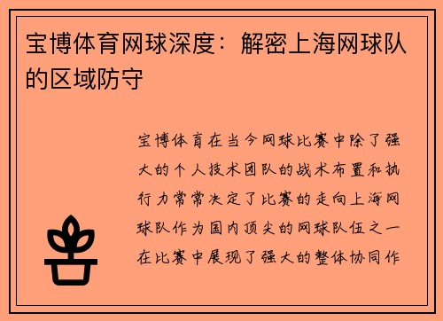 宝博体育网球深度：解密上海网球队的区域防守