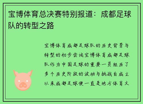 宝博体育总决赛特别报道：成都足球队的转型之路