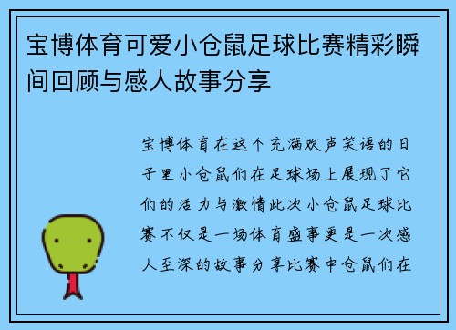 宝博体育可爱小仓鼠足球比赛精彩瞬间回顾与感人故事分享