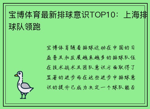 宝博体育最新排球意识TOP10：上海排球队领跑