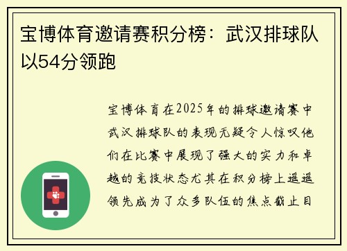 宝博体育邀请赛积分榜：武汉排球队以54分领跑