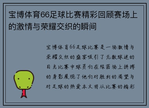 宝博体育66足球比赛精彩回顾赛场上的激情与荣耀交织的瞬间