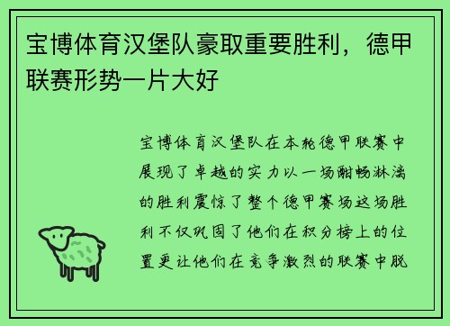 宝博体育汉堡队豪取重要胜利，德甲联赛形势一片大好